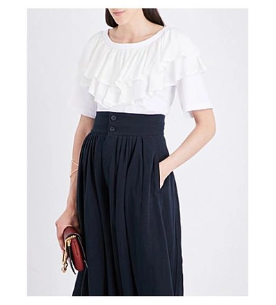 Shop Chloé Ruffled-neck Silk And Cotton Top In White