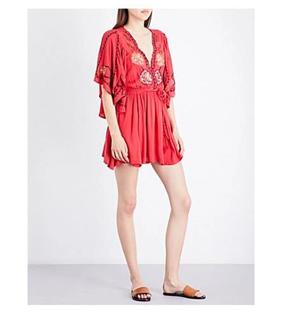 Shop Free People Cora Floral-embroidered Woven Mini Dress In Red