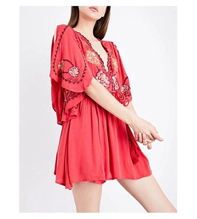 Shop Free People Cora Floral-embroidered Woven Mini Dress In Red