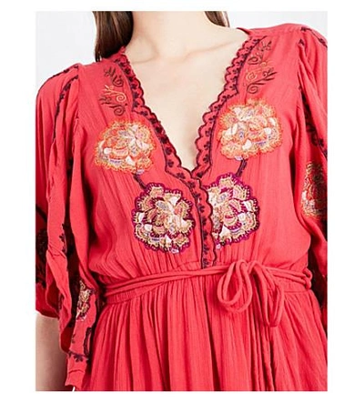 Shop Free People Cora Floral-embroidered Woven Mini Dress In Red