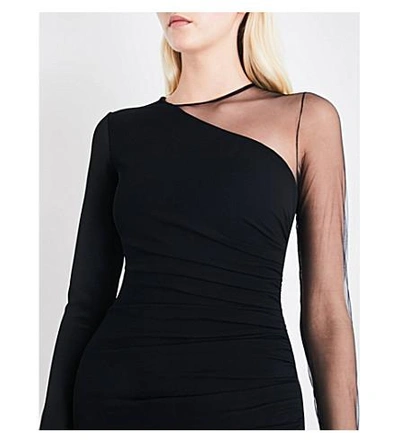 Shop Balmain Asymmetric Sheer-panel Knitted Dress In Noir
