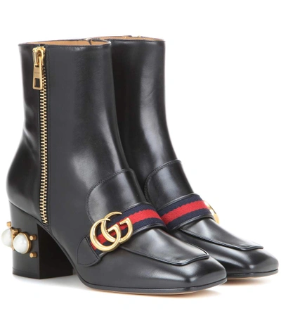 Shop Gucci Embellished Leather Ankle Boots In Black
