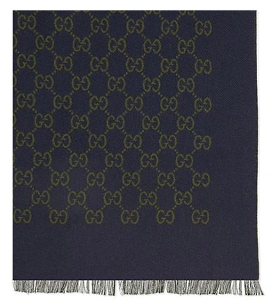 Shop Gucci Logo Wool Scarf In Navy Green