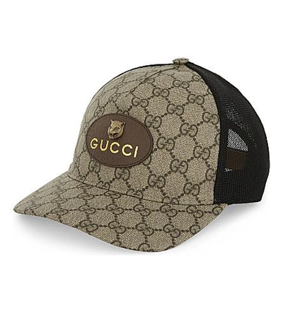 Shop Gucci Tiger Gg Supreme Canvas Trucker Cap In Beige