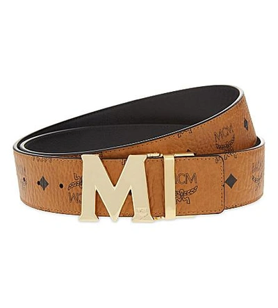 Shop Mcm Visetos Leather Reversible Belt In Cognac / Black