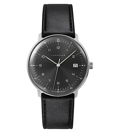 Shop Junghans 041/4462.00 Max Bill Stainless Steel And Leather Quartz Watch In Black