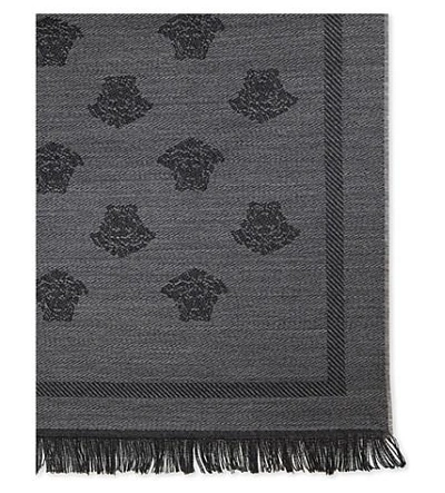 Shop Versace Medusa Print Wool Scarf In Grey Pewter
