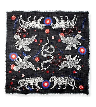 Shop Gucci Space Animals Wool And Silk-blend Scarf In Black
