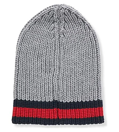 Shop Gucci Striped Wool Beanie In Grey