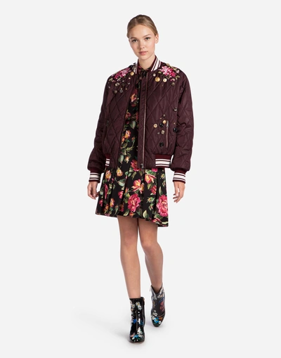 Shop Dolce & Gabbana Nylon Bomber Jacket With Embroidery In Bordeaux