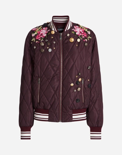 Shop Dolce & Gabbana Nylon Bomber Jacket With Embroidery In Bordeaux