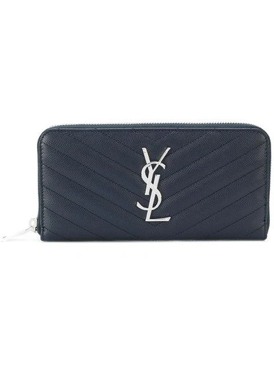 Shop Saint Laurent Monogram Zip Around Wallet In Blue