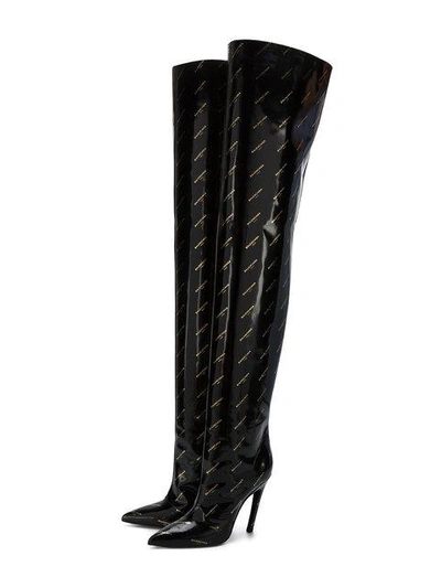 Shop Balenciaga Black Patent Leather Slash Logo 120 Thigh Boots