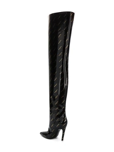 Shop Balenciaga Black Patent Leather Slash Logo 120 Thigh Boots