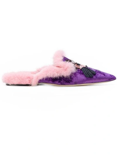 Shop Alberta Ferretti - Fur Trim Pointed Slippers  In Pink/purple