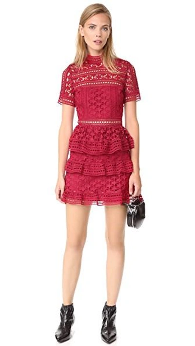 Shop Self-portrait High Neck Star Lace Paneled Dress In Red