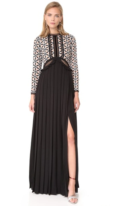 Self-portrait Lace-panel Long-sleeved Pleated Crepe Dress In Black/ White