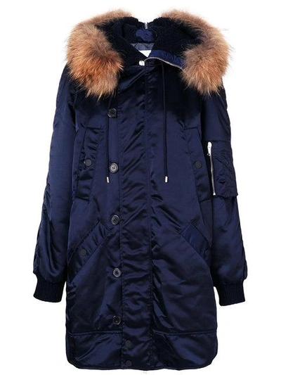 Shop Dondup Fur Detail Coat In Blue