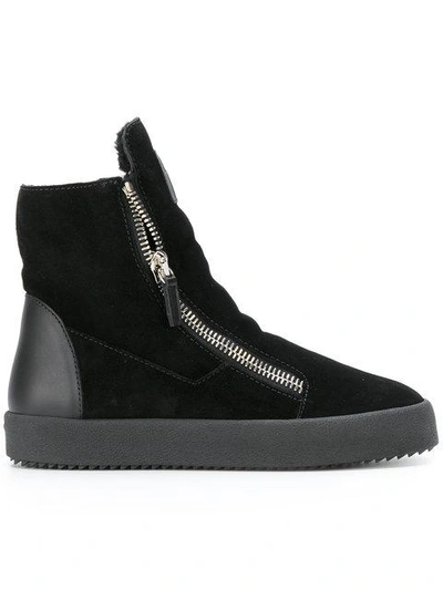 Shop Giuseppe Zanotti Shearling Lined Hi-top Sneakers In Black