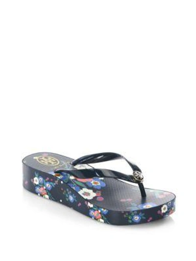 Tory Burch Wedge Thin Flip Flops In Tory Navy