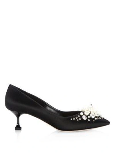 Shop Miu Miu Point Toe Satin Pumps In Black