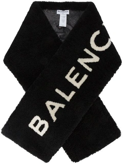 Shop Balenciaga Shearling Logo Scarf In Black