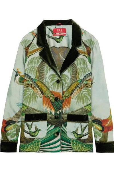 Shop F.r.s For Restless Sleepers Ade Velvet-trimmed Printed Silk-twill Pajama Shirt In Green