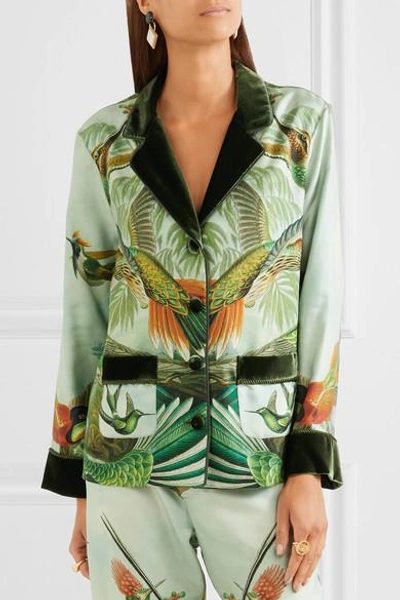 Shop F.r.s For Restless Sleepers Ade Velvet-trimmed Printed Silk-twill Pajama Shirt In Green