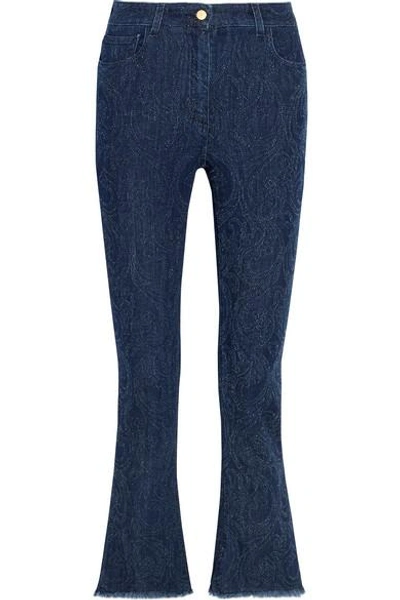 Shop Etro Cropped Paisley-detailed High-rise Bootcut Jeans In Blue