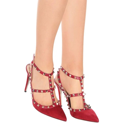 Shop Valentino Rockstud Suede Pumps In Red