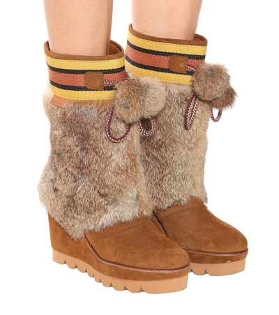 Shop See By Chloé Fur-trimmed Suede Boots In Multicoloured