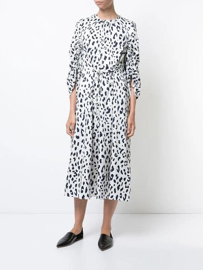 Tibi Ruched Leopard-print Silk-satin Midi Dress In White Multi | ModeSens