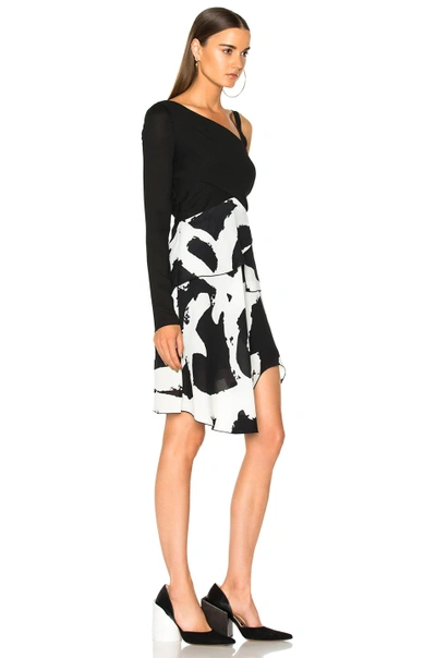 Shop Proenza Schouler Pleated Printed Crepe One Sleeve Bandage Waist Dress In Abstract,black,white