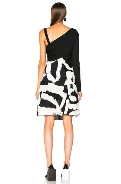 Shop Proenza Schouler Pleated Printed Crepe One Sleeve Bandage Waist Dress In Abstract,black,white