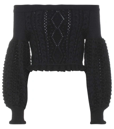Shop Valentino Cropped Off-the-shoulder Wool Sweater In Black