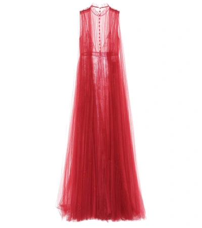 Valentino Sleeveless Tulle-overlay And Lace Gown In Red