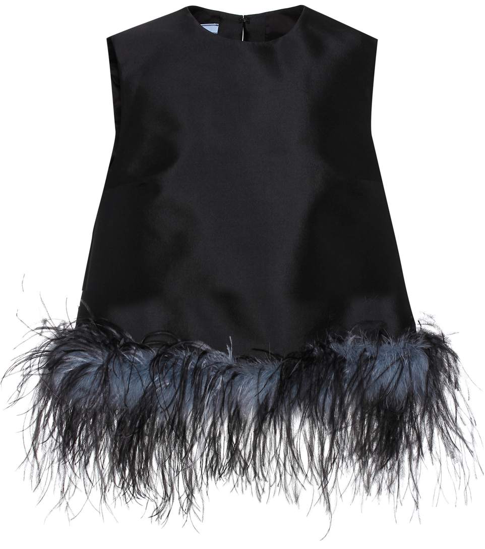 Prada Feather-trimmed Wool And Silk-blend Top In Black | ModeSens