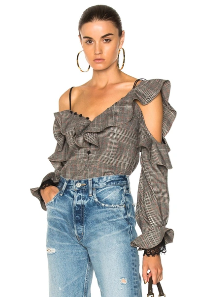 Shop Self-portrait Wool Check Off Shoulder Frill Top In Checkered & Plaid,neutrals