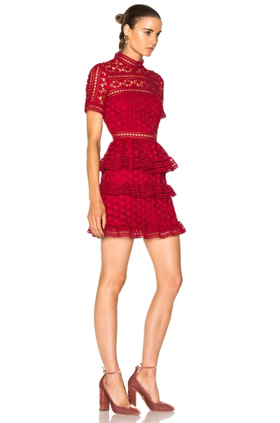 Shop Self-portrait High Neck Star Lace Panelled Dress In Red