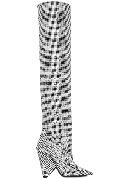 Shop Saint Laurent Niki Crystal Embellished Thigh High Boots. In Black