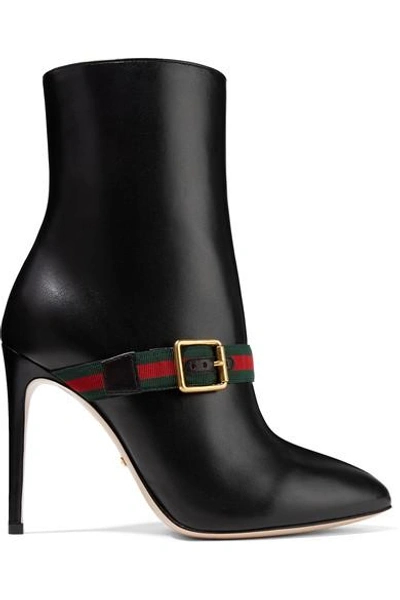 Shop Gucci Sylvie Grosgrain-trimmed Leather Ankle Boots