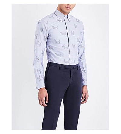 Shop Thom Browne Hector-embroidered Regular-fit Cotton Oxford Shirt In Navy