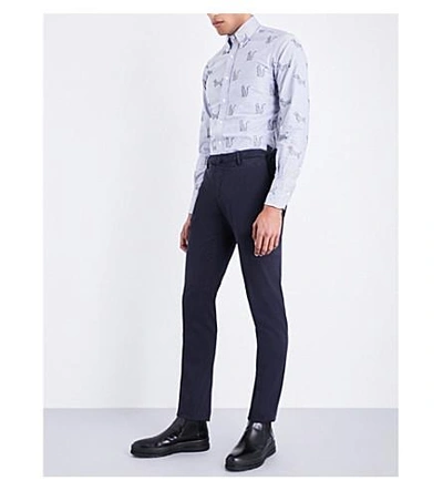 Shop Thom Browne Hector-embroidered Regular-fit Cotton Oxford Shirt In Navy