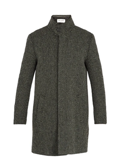 Saint Laurent Funnel-neck Wool-blend Herringbone Coat In Black Grey