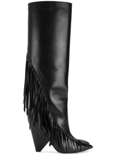 Shop Saint Laurent Niki 105 Fringed Knee High Boots - Black