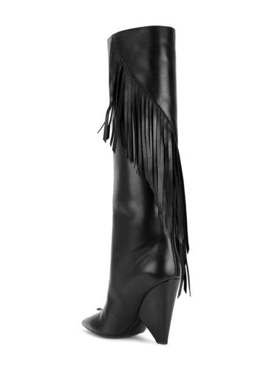 Shop Saint Laurent Niki 105 Fringed Knee High Boots - Black