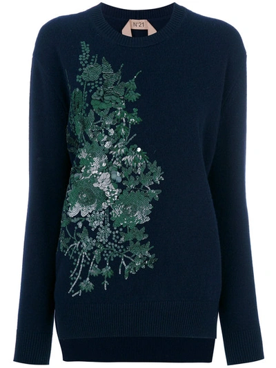 N°21 Floral Embellished Sweater In Blue