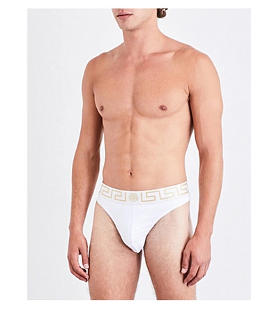 Versace Iconic Stretch-cotton Thong In White Gold