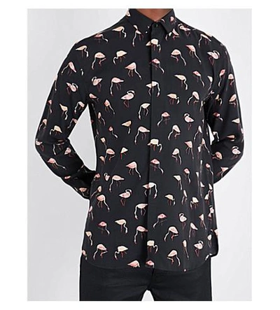 Shop Saint Laurent Flamingo-print Regular-fit Woven Shirt In Black Pink