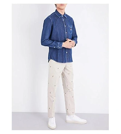 Shop Kenzo Tiger-motif Casual-fit Denim Shirt In Navy Blue